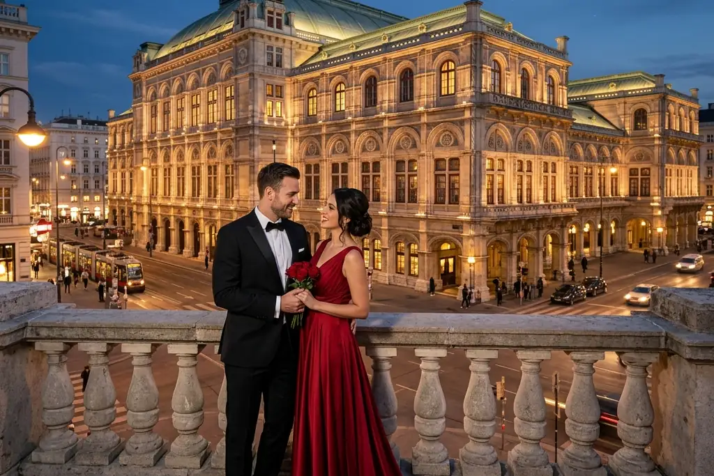 photoshoot 2026 Professional photoshoot at Vienna State Opera viewed from Albertina Terrace in Vienna featuring a solo traveler. Captured with high-end cinematic detail.